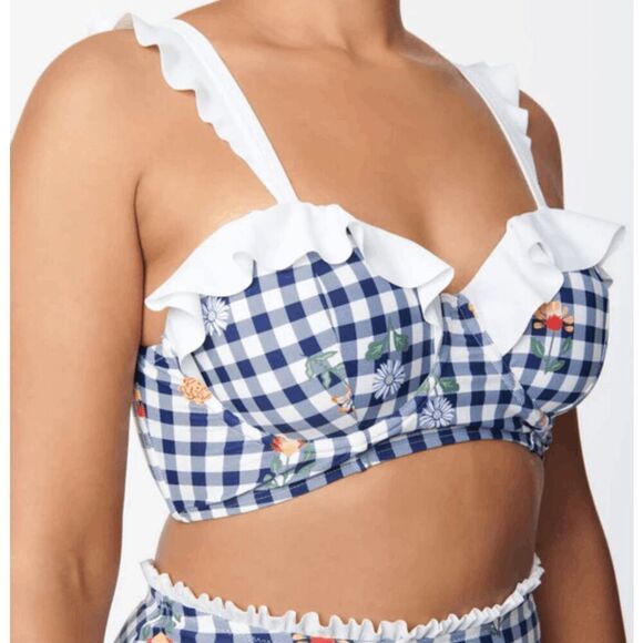 Unique Vintage Plus Size Navy Gingham & Floral Southampton Swim TOP 2X - Picture 1 of 4